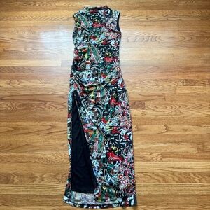 Ed Hardy for Buckle tattoo collage fitted maxi mesh dress S